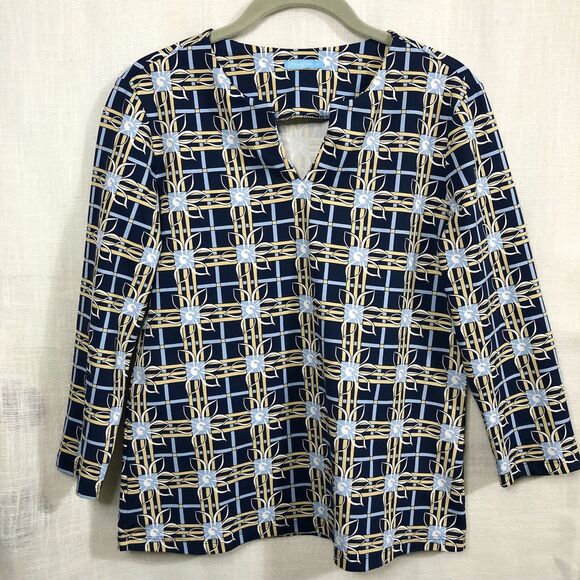 J. McLaughlin Catalina Cloth Carly Top Womens M Geo Floral Notched Neck Preppy - Picture 2 of 13